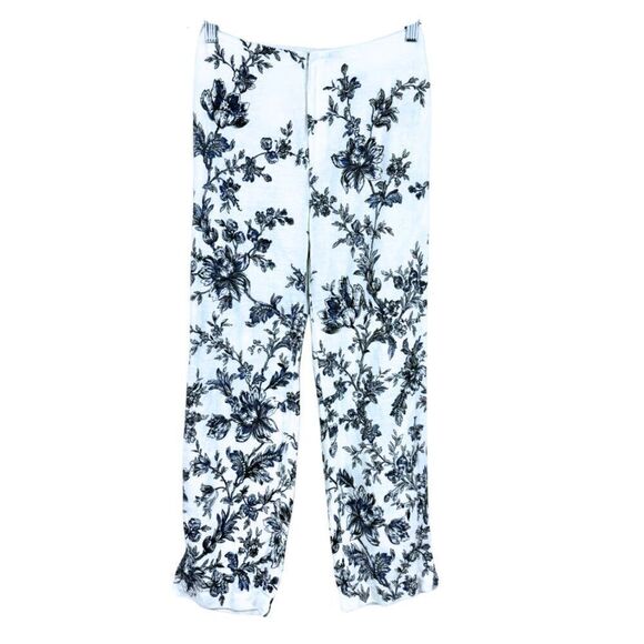 Like New Saks 5th Avenue Black Floral Toile White Linen Cropped Pants - Picture 2 of 3